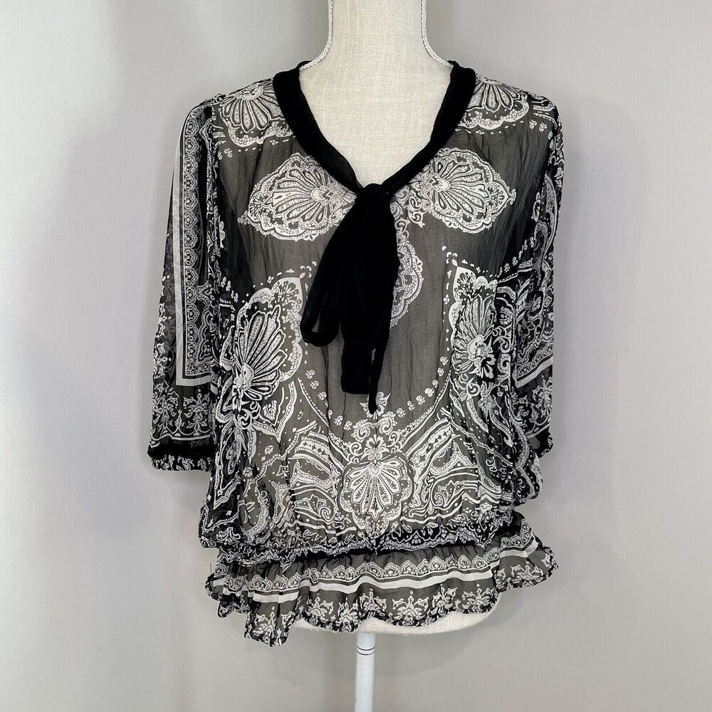 Karen Kane 100% Silk Top Sheer Floral 3/4 Balloon Sleeve V Neck Black White Sz L